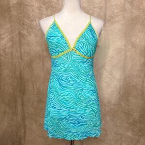 Vintage 90s Blue Animal Print Sheer Mesh Mini Slip Dress Lace Trim Lingerie Y2K